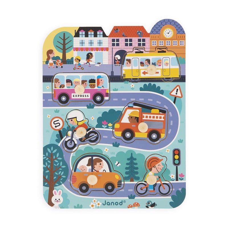 Janod - Babies’ Wooden Puzzle - 6 Pieces with Pegs - City Theme - Recessed Puzzle - Early-Learning Toy - 18 Months + J07106 - Image 2