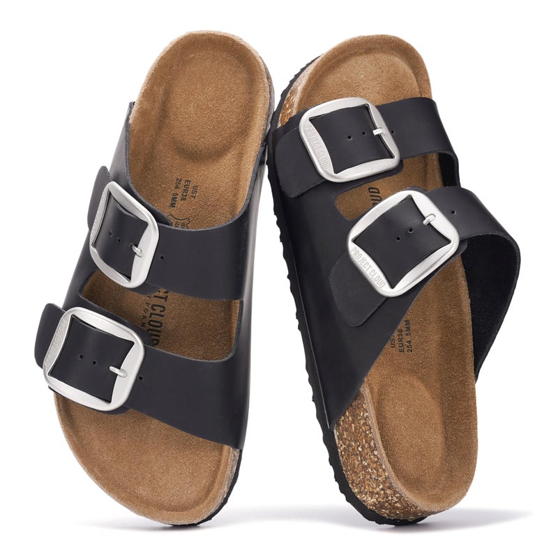 Project Cloud Genuine Leather Flat Sandals for Women 2026 Comfortable Beach Essentials Womens Sandals Memory Foam Vacation Essentials Slides for Women Footwear (Santorini, BLKOILLEA,10M) - Image 1
