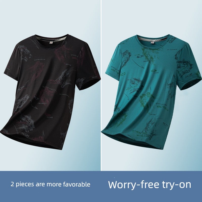 Ice silk short-sleeved T-shirt for men's summer thin trendy printed T-shirt, fashionable wrinkle-resistant ice-cold half-sleeved handsome top - Image 2