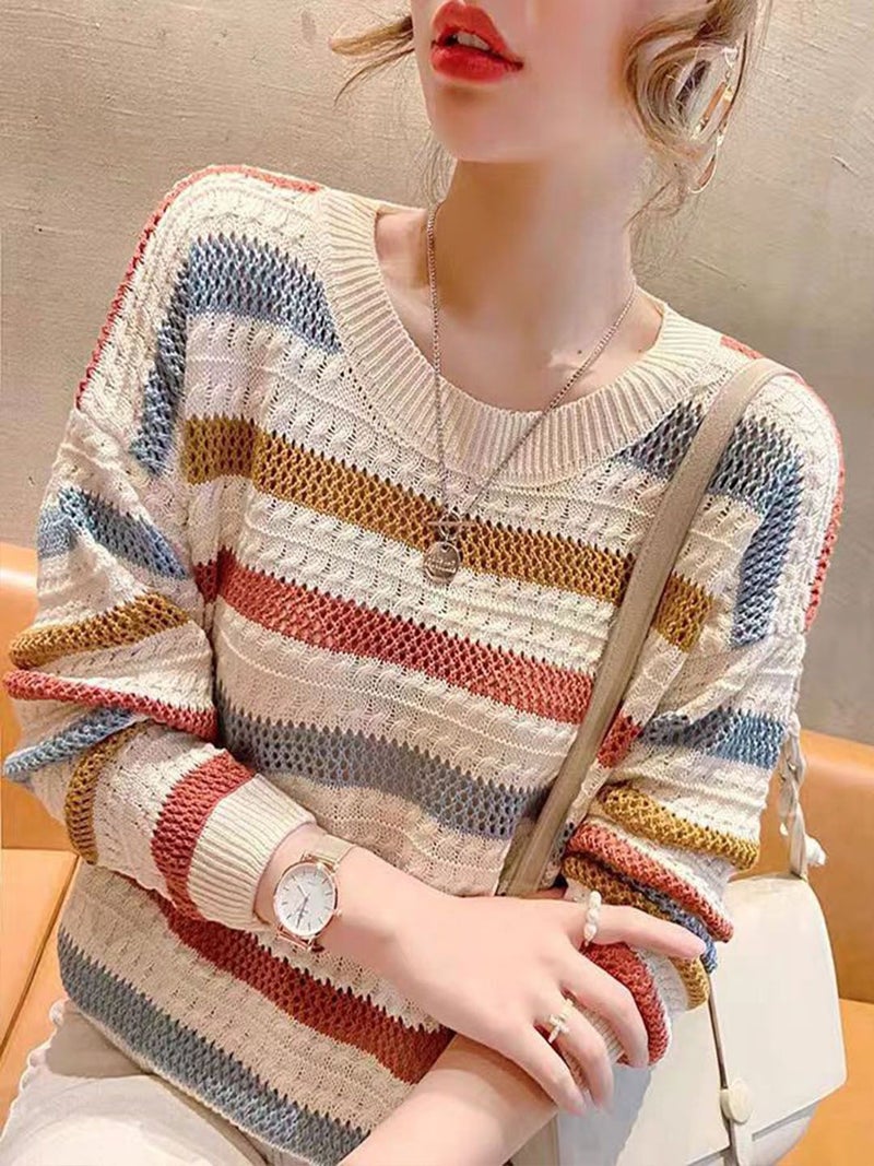 YUNIQEE سويت شيرت كشمير مخطط بألوان متعددة بأكمام طويلة وياقة دائرية - Image 3