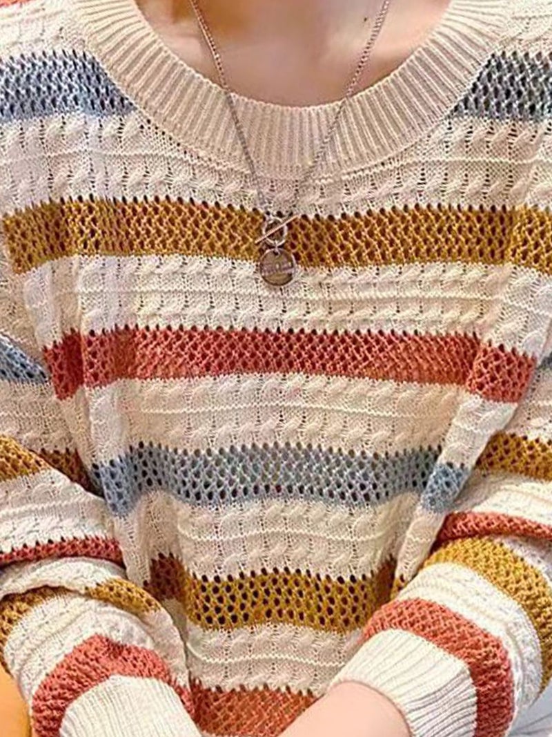 YUNIQEE سويت شيرت كشمير مخطط بألوان متعددة بأكمام طويلة وياقة دائرية - Image 2