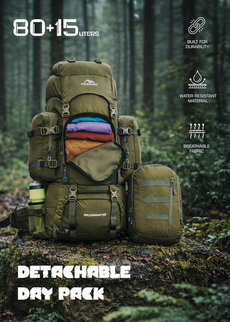 TRAWOC WILDWING 95L (80+15) Internal Frame Travel Backpack with Detachable Daypack/Camping Hiking Trekking Bag Large Rucksack for Men & Women - Image 5