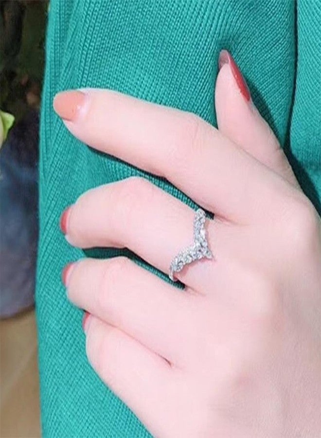 JerMrasra 925 Sterling Silver Natural Diamond Crown Ring V-Shaped Microset Zircon Ring Cubic Zirconia Promise Rings CZ Shiny Multi Row Half Diamond Ring Eternity Engagement Wedding Band Ring for Women（6） - Image 5