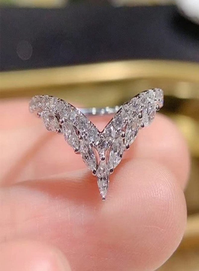 JerMrasra 925 Sterling Silver Natural Diamond Crown Ring V-Shaped Microset Zircon Ring Cubic Zirconia Promise Rings CZ Shiny Multi Row Half Diamond Ring Eternity Engagement Wedding Band Ring for Women（6） - Image 3