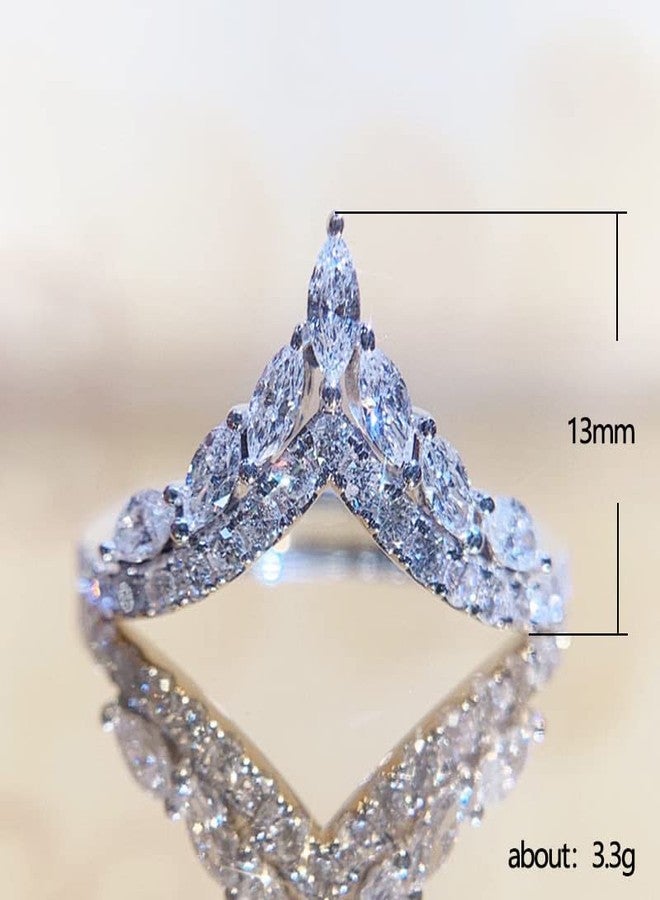JerMrasra 925 Sterling Silver Natural Diamond Crown Ring V-Shaped Microset Zircon Ring Cubic Zirconia Promise Rings CZ Shiny Multi Row Half Diamond Ring Eternity Engagement Wedding Band Ring for Women（6） - Image 4