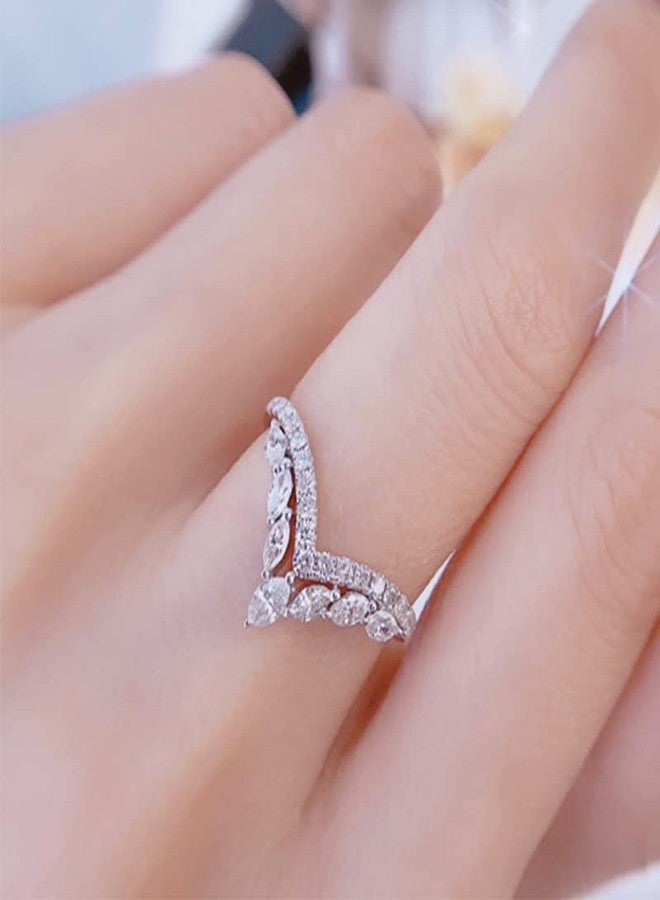 JerMrasra 925 Sterling Silver Natural Diamond Crown Ring V-Shaped Microset Zircon Ring Cubic Zirconia Promise Rings CZ Shiny Multi Row Half Diamond Ring Eternity Engagement Wedding Band Ring for Women（6） - Image 2