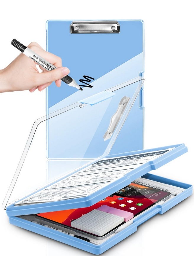 SUNNYCLIP - Clearview Clipboard with 2 Storage, Dry Erase 8.5x11 Heavy Duty ClipBoards - High Capacity Coaches Clip Board with Pen Holder - Side Opening Plastic Nursing Clip Case - Aqua Blue - Image 1