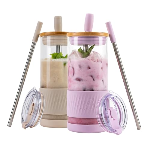 Pandaloo® Glass Cups With Lids and Straws -20 Fl Oz- Perfect Size Iced Coffee Cup - Smoothie Cup With Bamboo Lid and On the go Lid - Glass Tumbler (2 Count (Pack of 1), Lilac-Creamy Mushroom) - Image 1