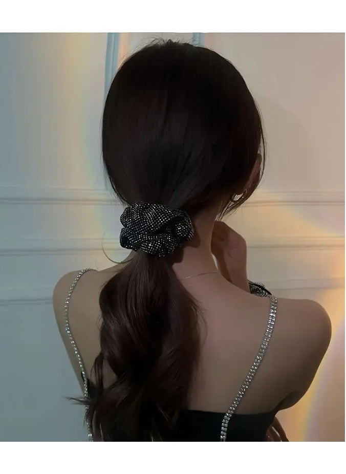 Rozino 1pc Stylish Rhinestone Large Intestine Hair Loop - Elastic Hair Rope Ponytail Holder for Women - Fashionable Hair Accessories with Easy-to-Use Design and Comfortable Wear Experience Ore black  - Image 2