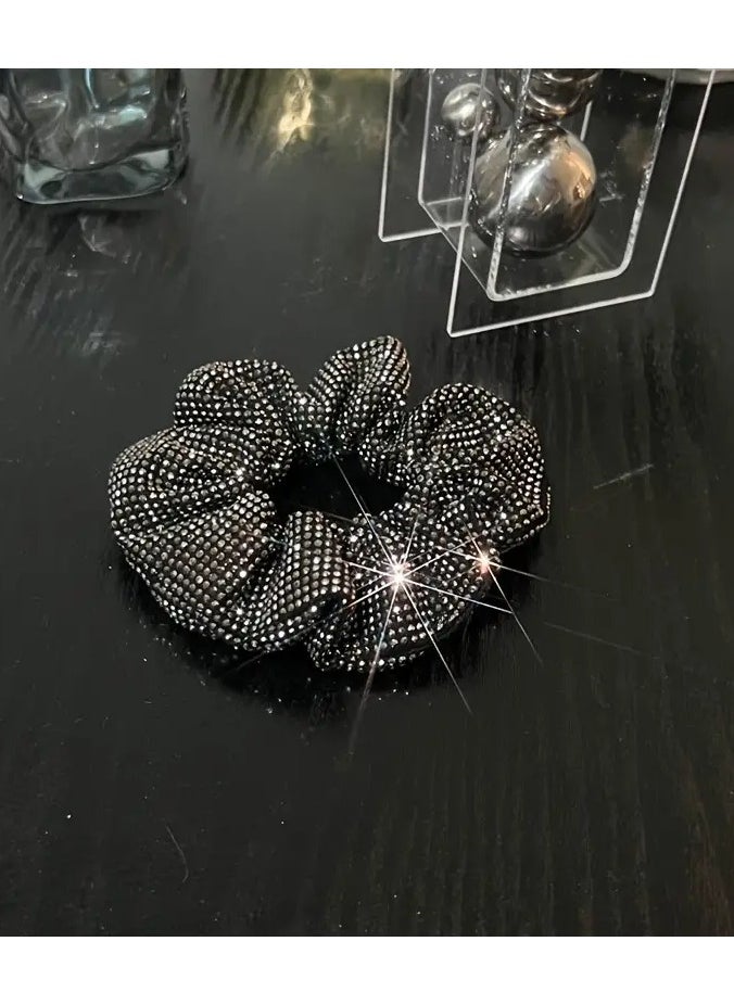 Rozino 1pc Stylish Rhinestone Large Intestine Hair Loop - Elastic Hair Rope Ponytail Holder for Women - Fashionable Hair Accessories with Easy-to-Use Design and Comfortable Wear Experience Ore black  - Image 1