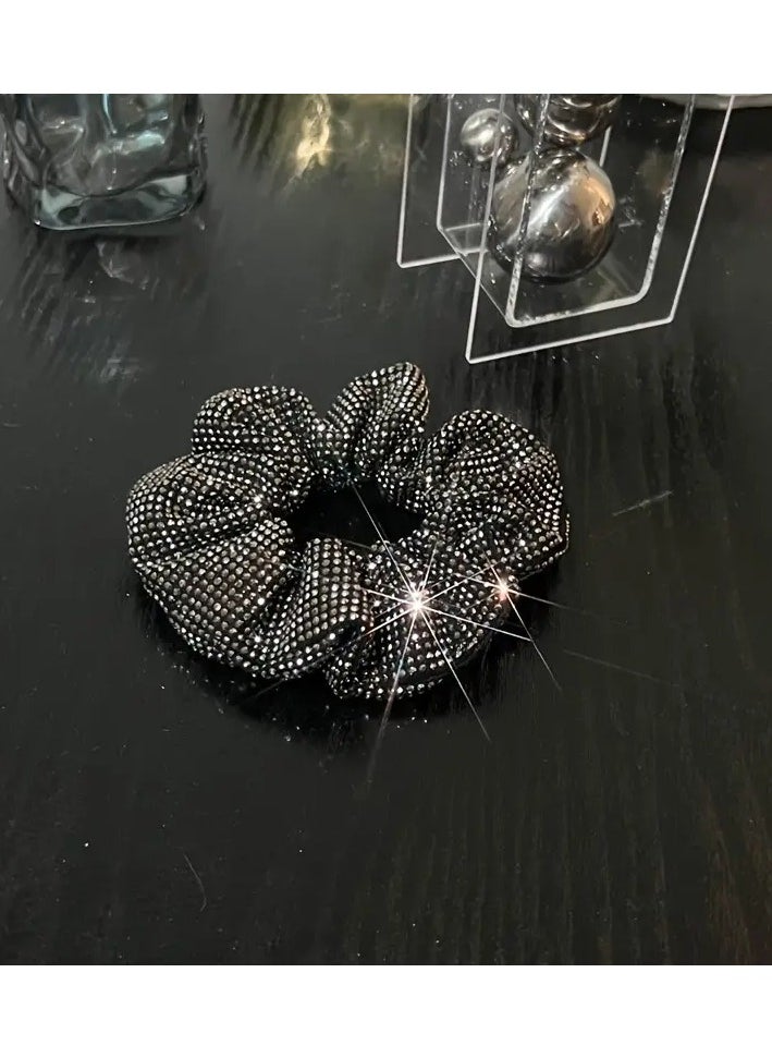 Rozino 1pc Stylish Rhinestone Large Intestine Hair Loop - Elastic Hair Rope Ponytail Holder for Women - Fashionable Hair Accessories with Easy-to-Use Design and Comfortable Wear Experience Ore black  - Image 4