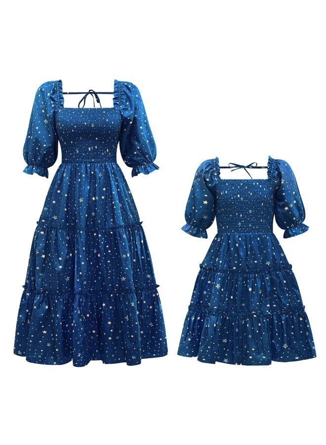 AWIBMK Mommy and Me Matching Dresses Floral Printed Ruffled Short Lantern Sleeves A-Line Long Dress Hidden Back Zipper Closure Summer Mom Daughter Matching Outfits Blue Stars Small - Image 1