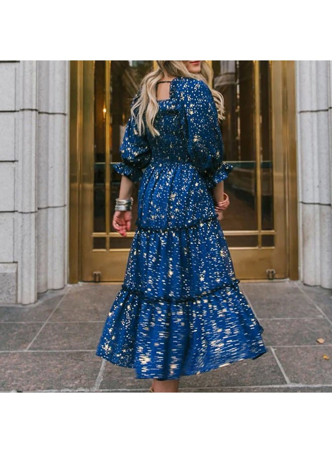 AWIBMK Mommy and Me Matching Dresses Floral Printed Ruffled Short Lantern Sleeves A-Line Long Dress Hidden Back Zipper Closure Summer Mom Daughter Matching Outfits Blue Stars Small - Image 3