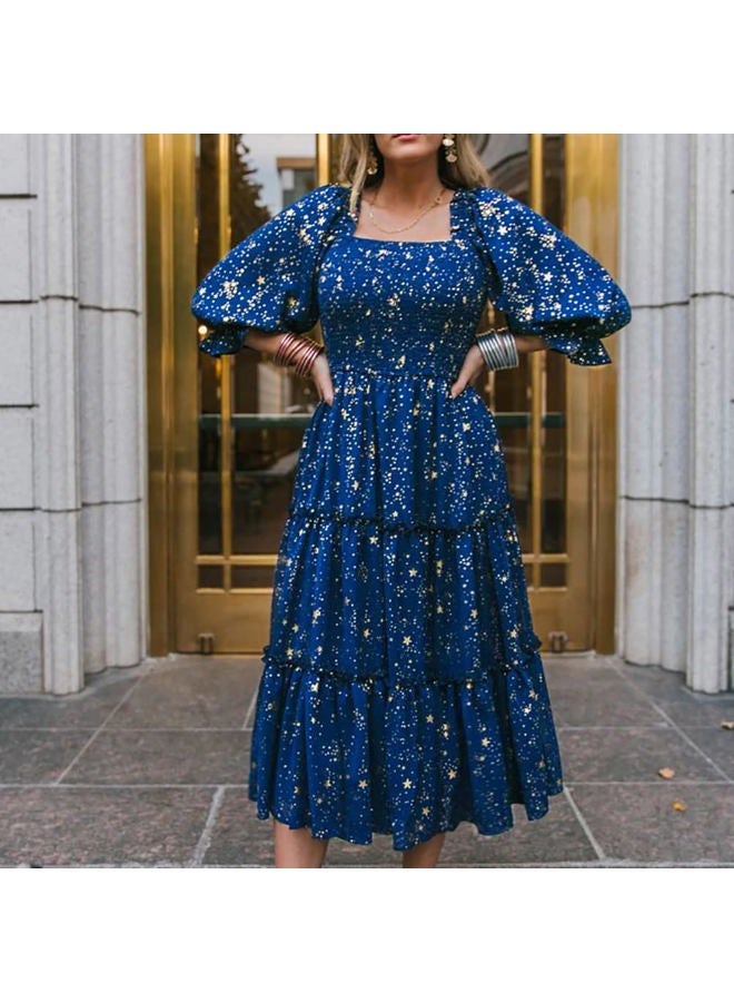AWIBMK Mommy and Me Matching Dresses Floral Printed Ruffled Short Lantern Sleeves A-Line Long Dress Hidden Back Zipper Closure Summer Mom Daughter Matching Outfits Blue Stars Small - Image 2