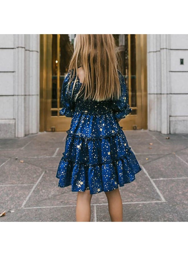 AWIBMK Mommy and Me Matching Dresses Floral Printed Ruffled Short Lantern Sleeves A-Line Long Dress Hidden Back Zipper Closure Summer Mom Daughter Matching Outfits Blue Stars Small - Image 5