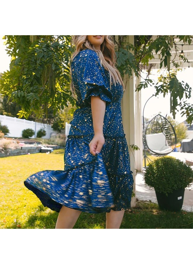 AWIBMK Mommy and Me Matching Dresses Floral Printed Ruffled Short Lantern Sleeves A-Line Long Dress Hidden Back Zipper Closure Summer Mom Daughter Matching Outfits Blue Stars Small - Image 4