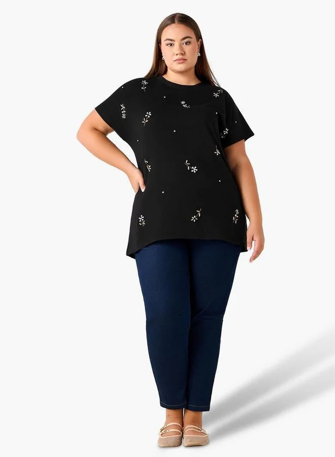 Ulla Popken Ulla Popken Relaxed Fit Cotton T-shirt with Embellishment