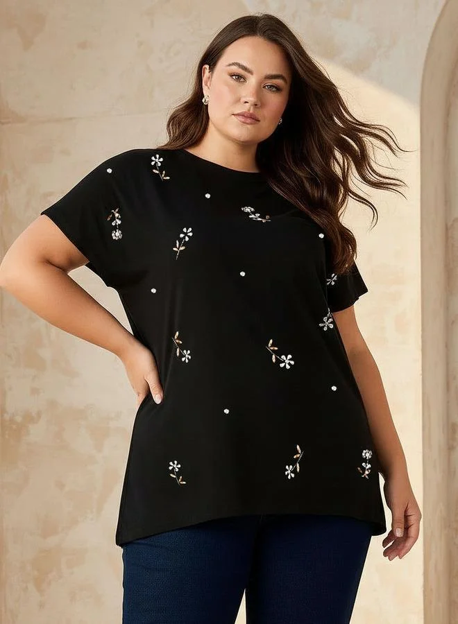 Ulla Popken Ulla Popken Relaxed Fit Cotton T shirt with Embellishment