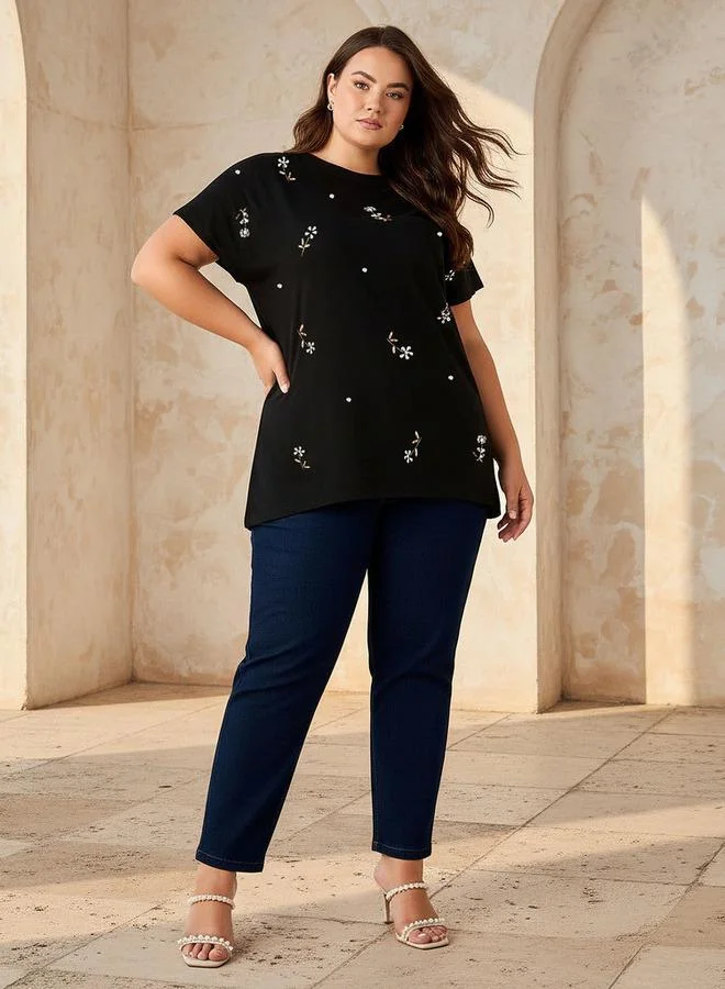 Ulla Popken Ulla Popken Relaxed Fit Cotton T shirt with Embellishment
