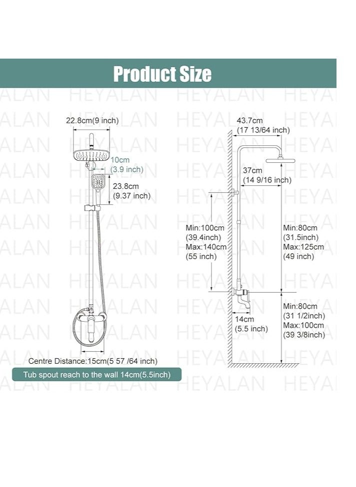 نوفيكس مجموعة كاملة لتجهيزات الدش، ارتفاع قابل للتعديل باللون الأسود 90-124 سم، رأس دش مطري ودش يدوي، دش كامل للحمام - Image 3