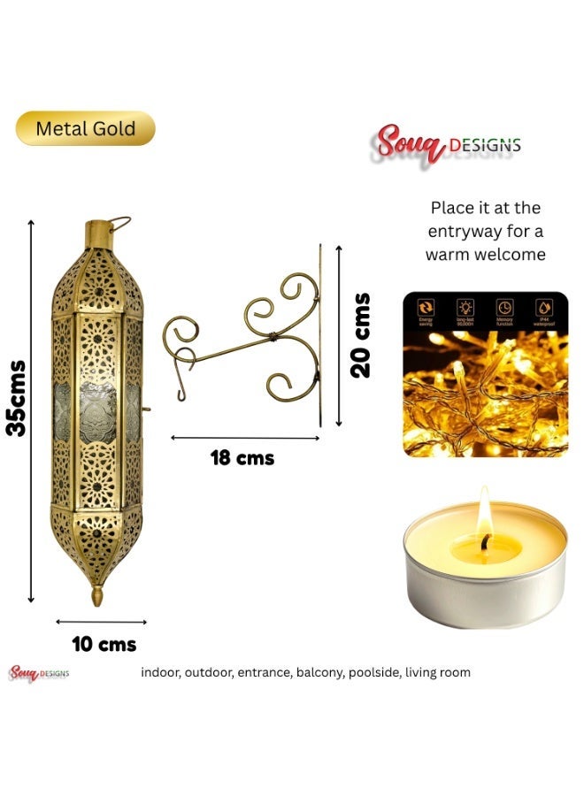 سوق ديزاينز حامل شموع جداري من Souq DESIGNS مزود بدعامة – فانوس مغربي ذهبي | حامل شموع صغيرة (تي لايت) بنمط عربي | ديكور مناسب لشهر رمضان، والعيد، وعيد ديوالي | وحدة إضاءة جدارية للاستخدام الداخلي والخارجي (35 سم) | تتضمن الدعامة والخطاف - Image 2