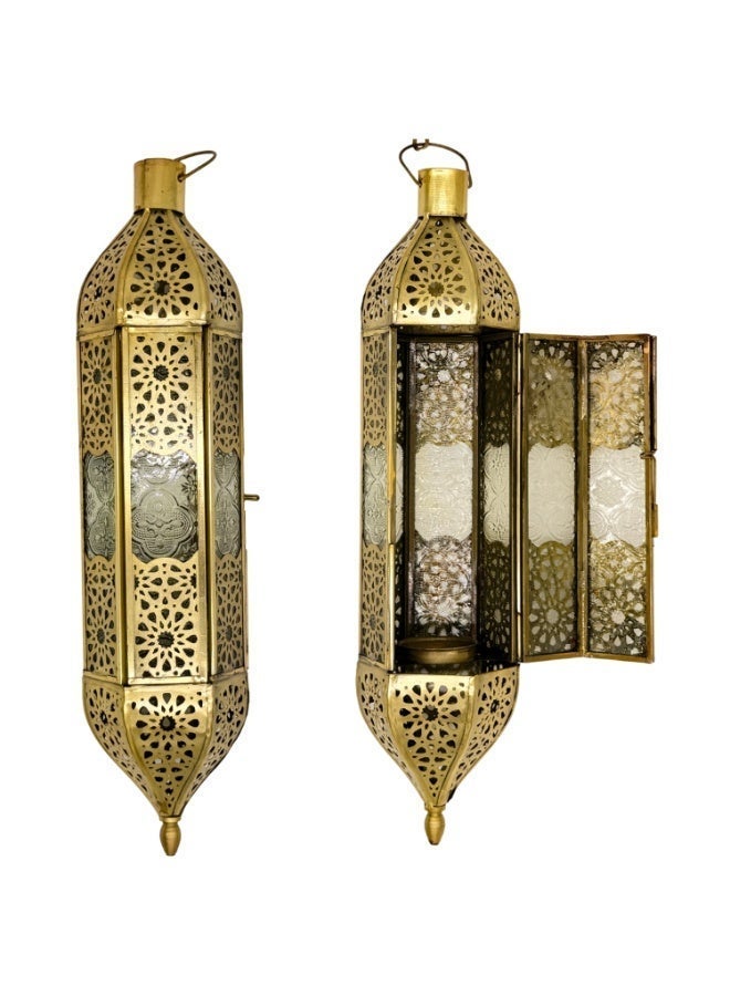 سوق ديزاينز حامل شموع جداري من Souq DESIGNS مزود بدعامة – فانوس مغربي ذهبي | حامل شموع صغيرة (تي لايت) بنمط عربي | ديكور مناسب لشهر رمضان، والعيد، وعيد ديوالي | وحدة إضاءة جدارية للاستخدام الداخلي والخارجي (35 سم) | تتضمن الدعامة والخطاف - Image 3