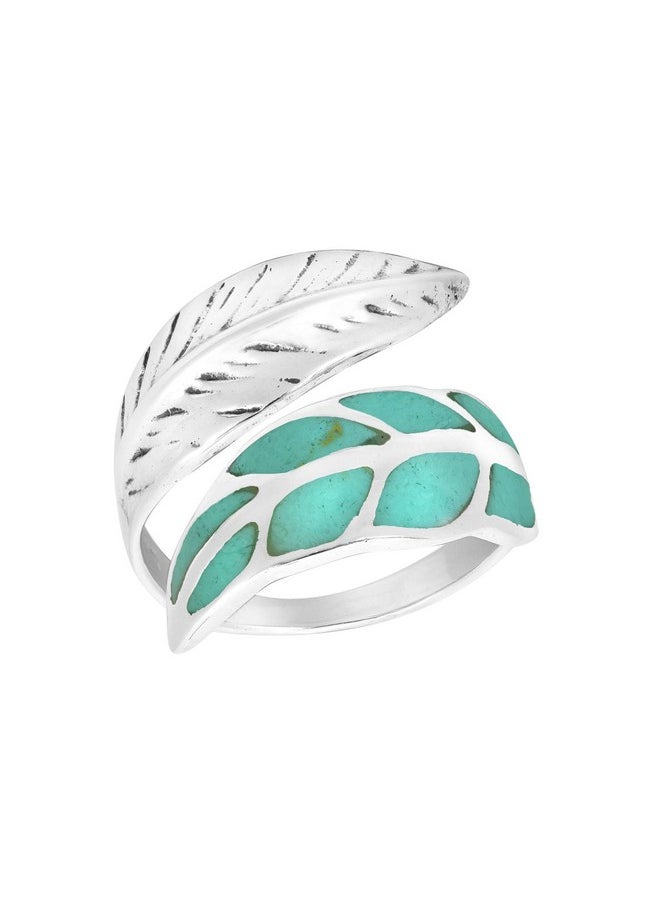 AeraVida Nature'S Elegance Leaf Shaped Or Feather Sterling Silver & Simulated Green Turquoise Open Ended Wrap Around Ring For Trendy  - Image 1
