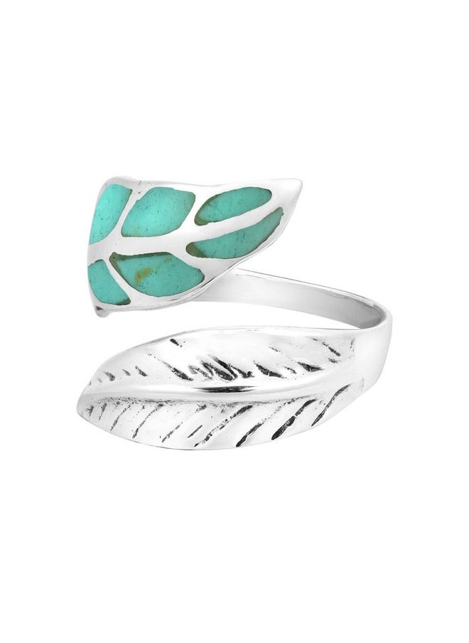 AeraVida Nature'S Elegance Leaf Shaped Or Feather Sterling Silver & Simulated Green Turquoise Open Ended Wrap Around Ring For Trendy  - Image 2