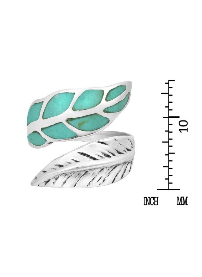 AeraVida Nature'S Elegance Leaf Shaped Or Feather Sterling Silver & Simulated Green Turquoise Open Ended Wrap Around Ring For Trendy  - Image 4
