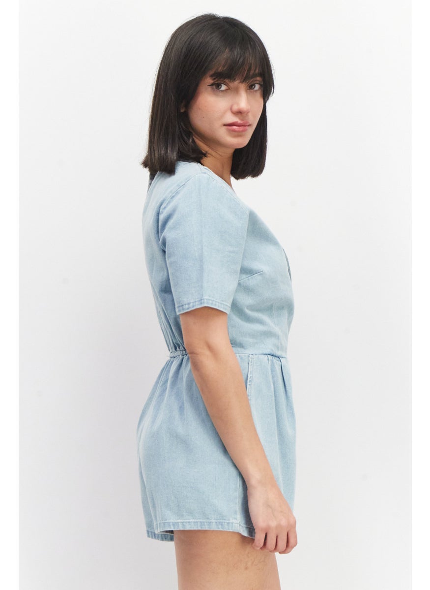 Miss Selfridge Women Petite Washed Short Sleeve Playsuit, Blue  - Image 3