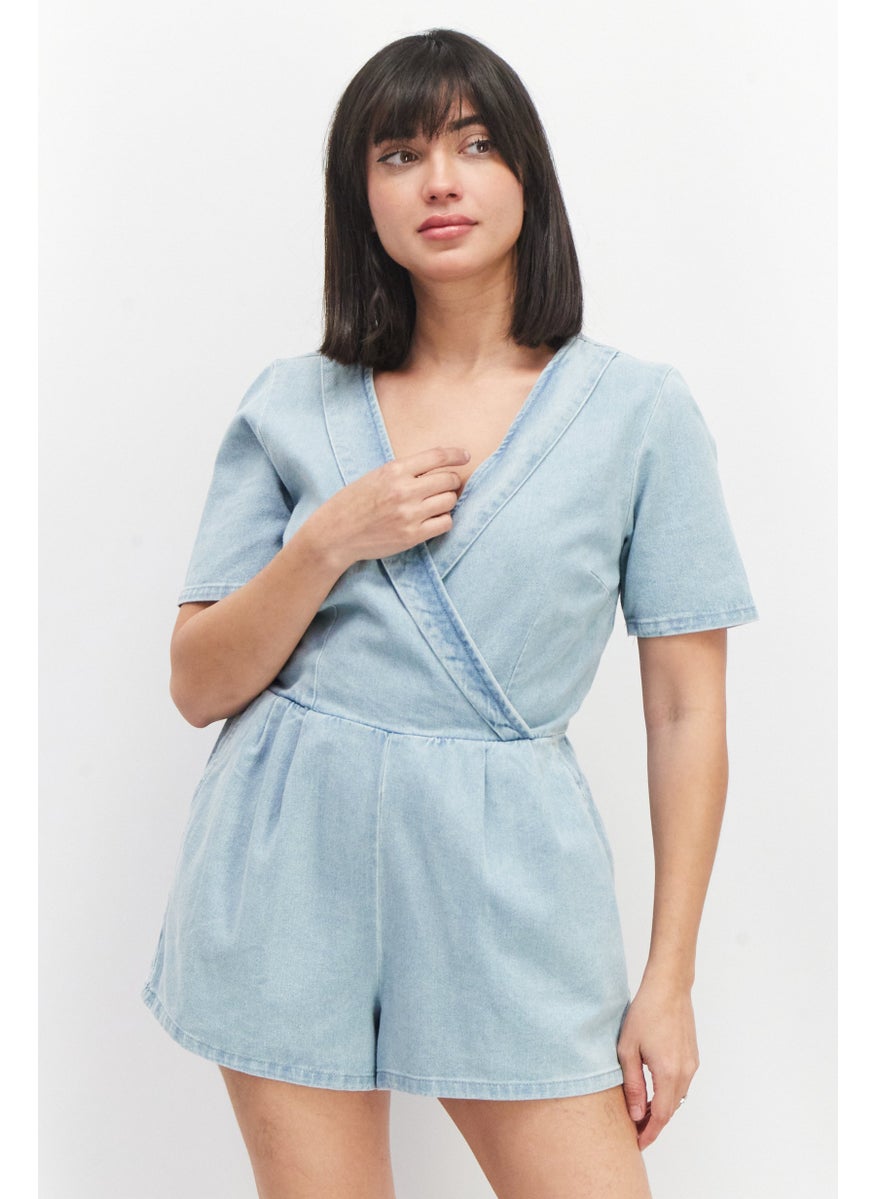 Miss Selfridge Women Petite Washed Short Sleeve Playsuit, Blue  - Image 1