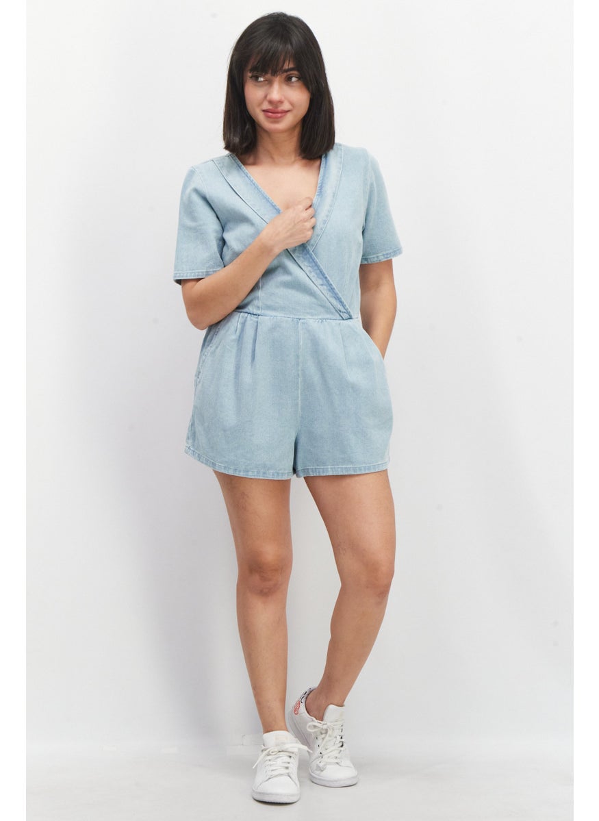 Miss Selfridge Women Petite Washed Short Sleeve Playsuit, Blue  - Image 4