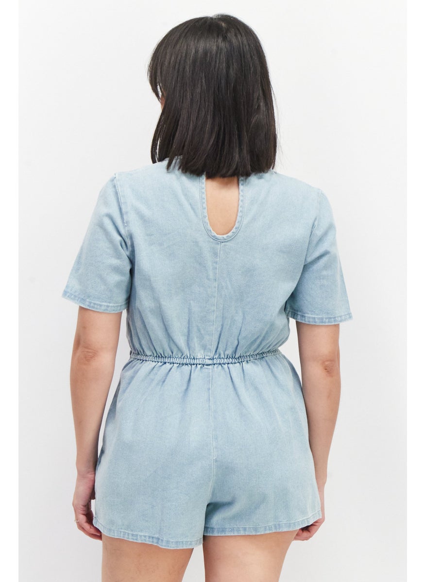 Miss Selfridge Women Petite Washed Short Sleeve Playsuit, Blue  - Image 2