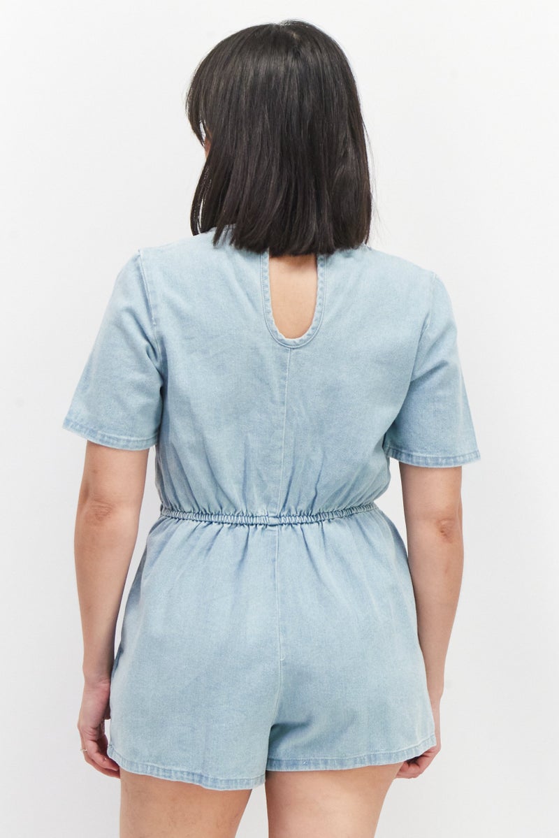 Miss Selfridge Women Petite Washed Short Sleeve Playsuit, Blue - Image 2