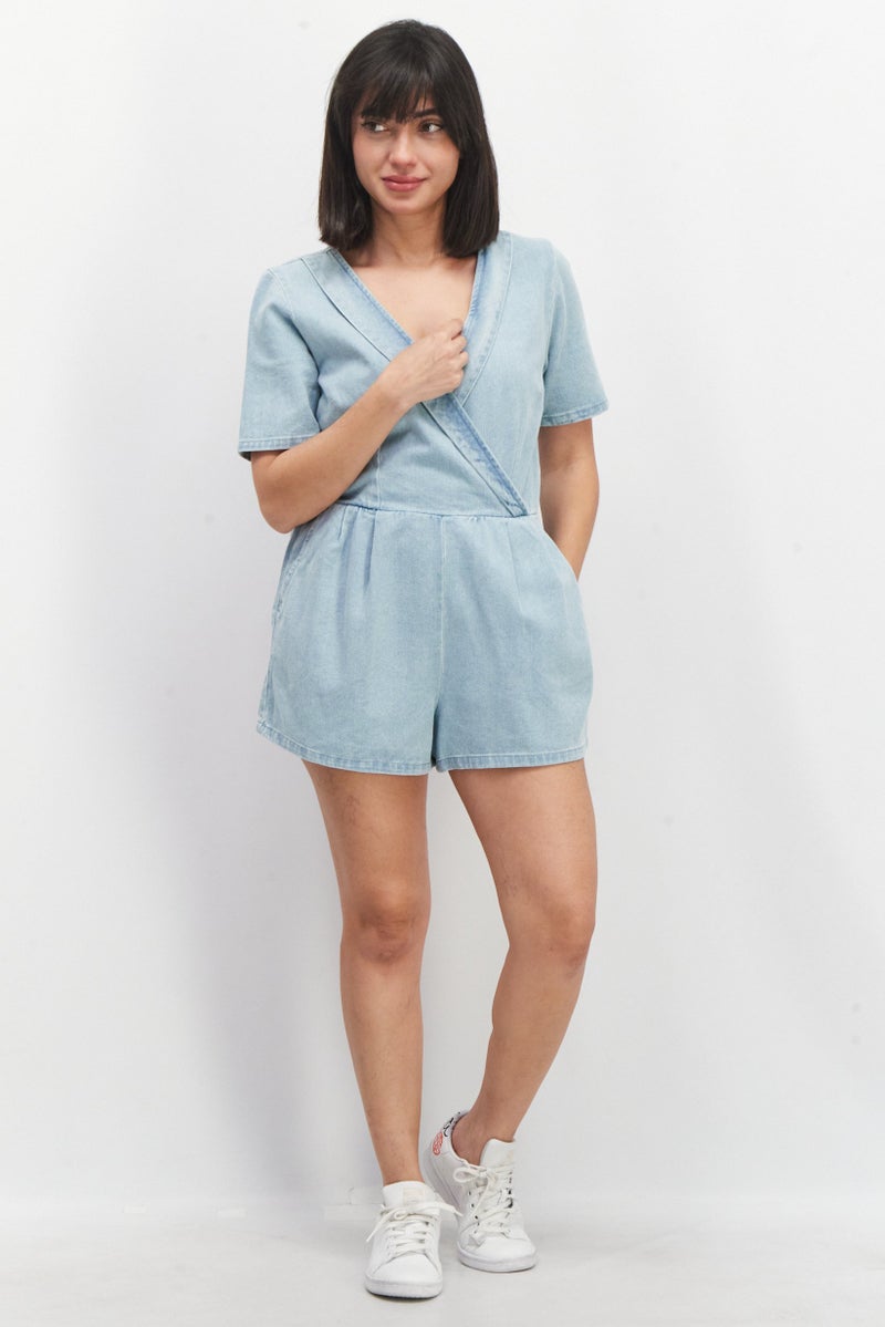 Miss Selfridge Women Petite Washed Short Sleeve Playsuit, Blue - Image 4