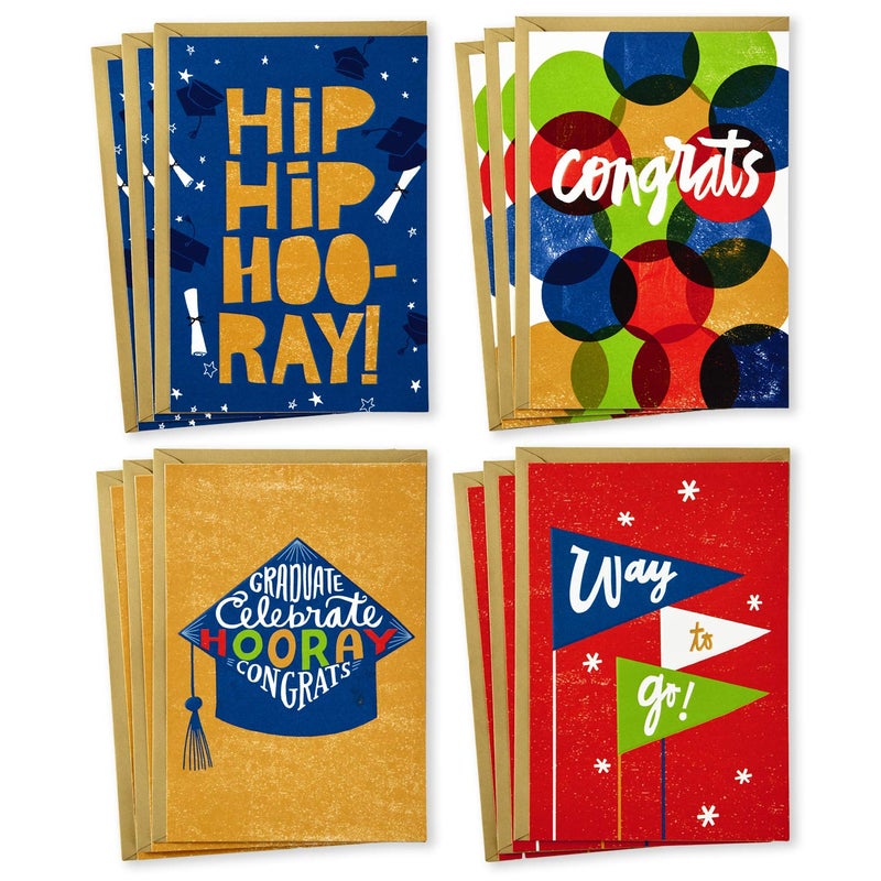 Hallmark Graduation Cards Assortment (12 Cards with Envelopes, 4 Designs) Congrats, Way to Go, Hip Hip Hooray, Grad Cap - Image 1