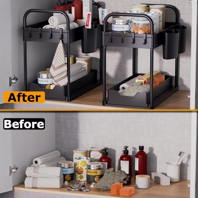 MOSHTU Under Sink Storage Kitchen Organiser 2 Tier Sliding Kitchen Storage Under Sink shelf MultiPurpose Organisation for Kitchen Bathroom Bottom Slide Out Basket Black - Image 5
