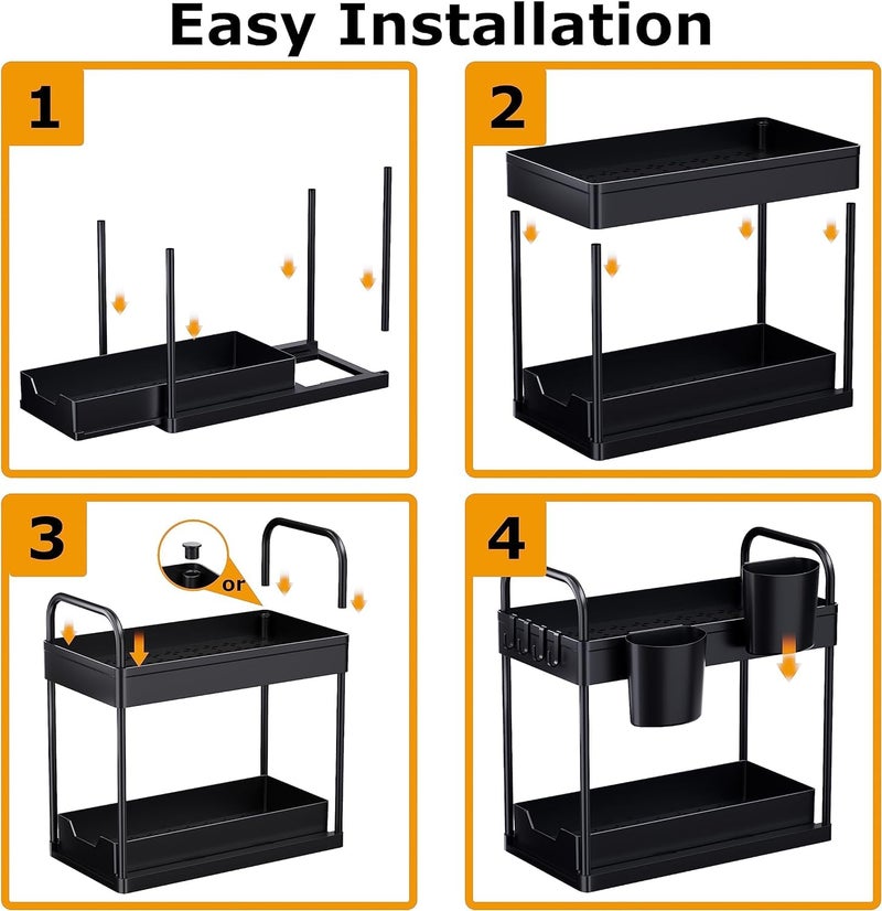 MOSHTU Under Sink Storage Kitchen Organiser 2 Tier Sliding Kitchen Storage Under Sink shelf MultiPurpose Organisation for Kitchen Bathroom Bottom Slide Out Basket Black - Image 3