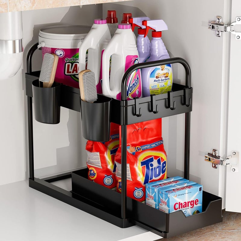 MOSHTU Under Sink Storage Kitchen Organiser 2 Tier Sliding Kitchen Storage Under Sink shelf MultiPurpose Organisation for Kitchen Bathroom Bottom Slide Out Basket Black - Image 1