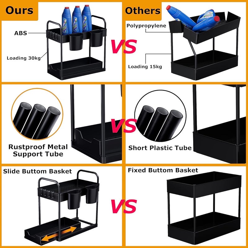 MOSHTU Under Sink Storage Kitchen Organiser 2 Tier Sliding Kitchen Storage Under Sink shelf MultiPurpose Organisation for Kitchen Bathroom Bottom Slide Out Basket Black - Image 4