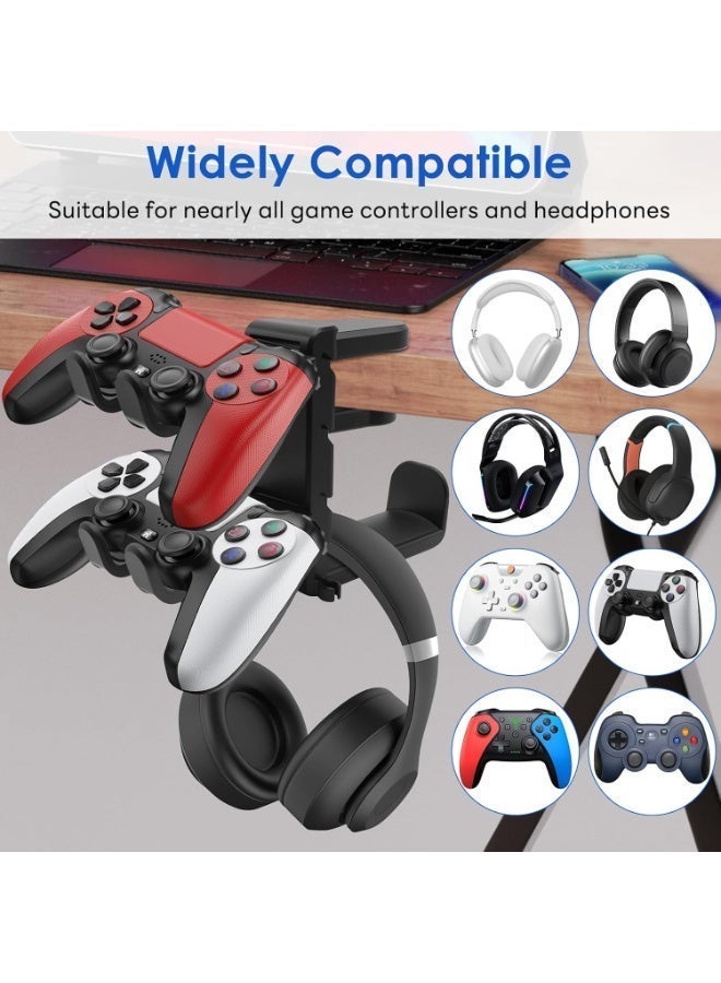 Hugifts 3 In 1 PC Gaming Headphone & Controller Stand Holder, Clamp On Headset Hanger with 360° Rotation Hook, Under Desk Cable Clip Organizer Earphone Storage Rack, Universal XBOX PS5 PS4 Switch Gift, Black - Image 2