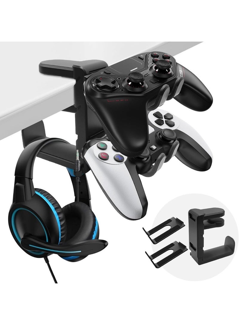 Hugifts 3 In 1 PC Gaming Headphone & Controller Stand Holder, Clamp On Headset Hanger with 360° Rotation Hook, Under Desk Cable Clip Organizer Earphone Storage Rack, Universal XBOX PS5 PS4 Switch Gift, Black - Image 1