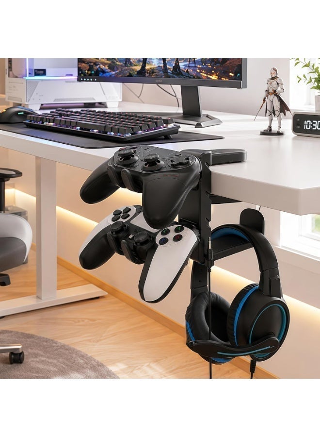 Hugifts 3 In 1 PC Gaming Headphone & Controller Stand Holder, Clamp On Headset Hanger with 360° Rotation Hook, Under Desk Cable Clip Organizer Earphone Storage Rack, Universal XBOX PS5 PS4 Switch Gift, Black - Image 3