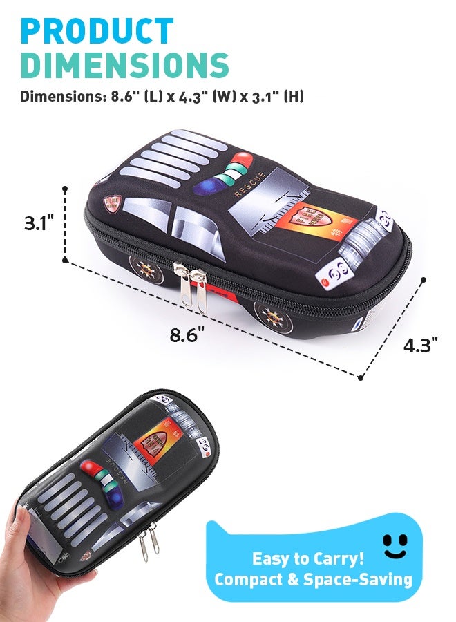أوبتيا حقيبة أقلام للبنين على شكل سيارة شرطة، صندوق أقلام كبير السعة لتنظيم الأدوات المدرسية، حقيبة أقلام متينة متعددة الوظائف، لون أسود - Image 4