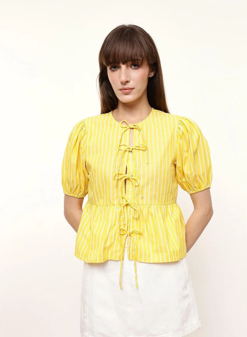 Dennis Lingo Yellow 100% Cotton Striped Blouse Boxy Tops For Women
