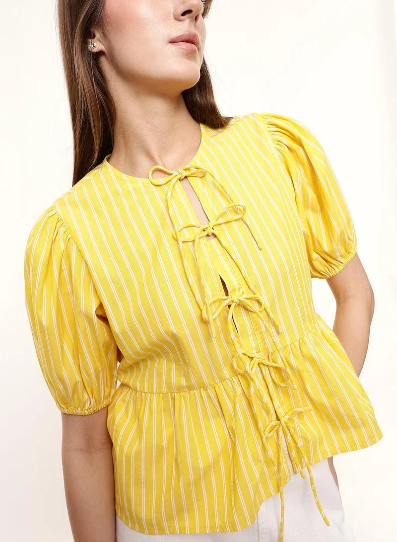 Dennis Lingo Yellow 100% Cotton Striped Blouse Boxy Tops For Women