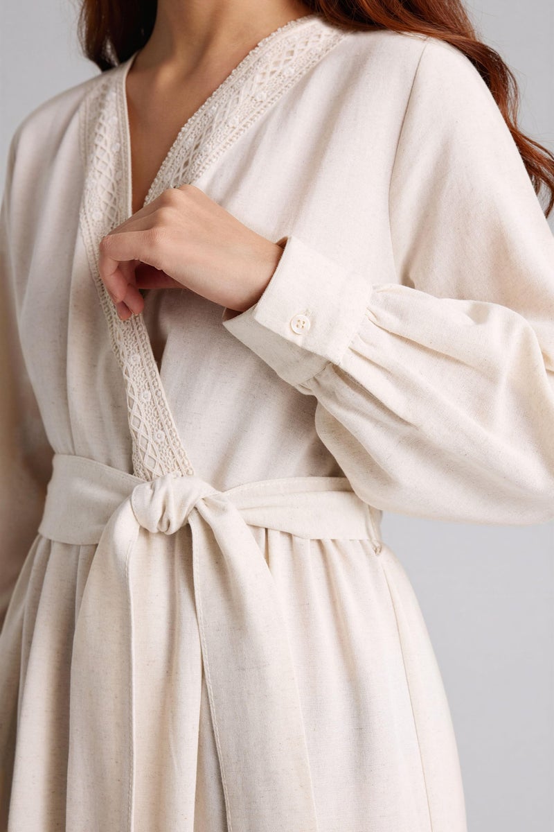 DeFacto Beige Woman V-Neck Linen Blended Balloon Sleeves Dress Casual - Image 4