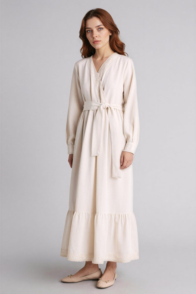 DeFacto Beige Woman V-Neck Linen Blended Balloon Sleeves Dress Casual - Image 2
