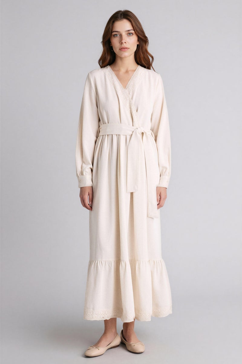 DeFacto Beige Woman V-Neck Linen Blended Balloon Sleeves Dress Casual - Image 1