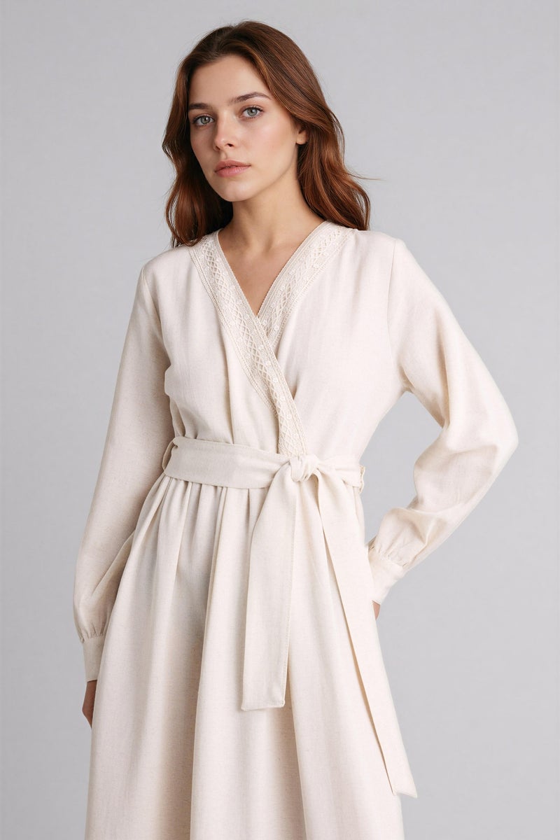 DeFacto Beige Woman V-Neck Linen Blended Balloon Sleeves Dress Casual - Image 3